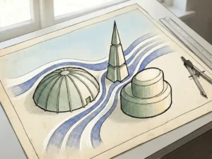 Architectural sketch of dome, tower, and cylinder building forms with cobalt blue airflow streamlines in isometric view, sage and ivory tones.