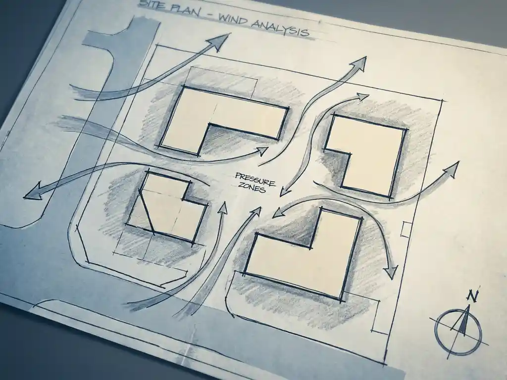 Hand-sketched architectural site plan with wind flow lines curving around building footprints, compass rose, and pencil-shaded wind pressure zones.