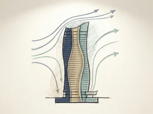 Hand-drafted cross-section sketch of a tall building with curved wind streamlines, airflow arrows, and pressure zone shading in navy, sand, and teal tones.