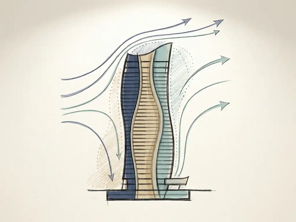 Hand-drafted cross-section sketch of a tall building with curved wind streamlines, airflow arrows, and pressure zone shading in navy, sand, and teal tones.