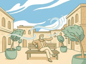 Person relaxing on a public square bench as a gentle breeze lifts their scarf, with stylized wind lines curving around buildings and swaying potted trees.