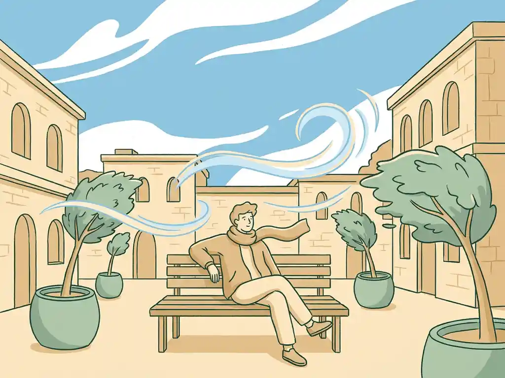 Person relaxing on a public square bench as a gentle breeze lifts their scarf, with stylized wind lines curving around buildings and swaying potted trees.