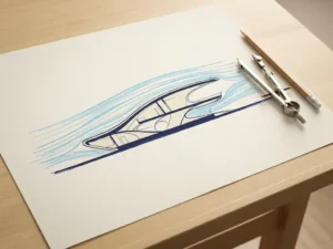 Architectural cross-section sketch of a building with wind streamlines, drafting compass and pencil on a light drafting table in navy and ivory tones.