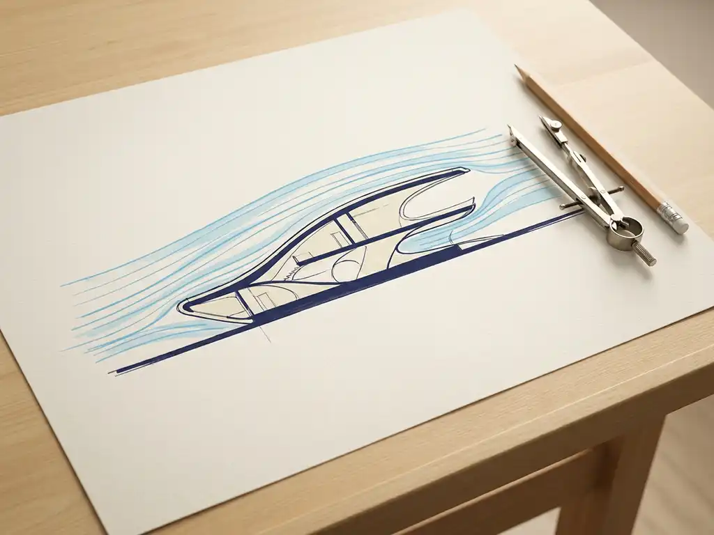 Architectural cross-section sketch of a building with wind streamlines, drafting compass and pencil on a light drafting table in navy and ivory tones.