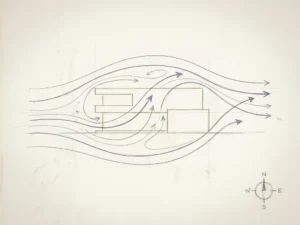 Hand-drawn architectural sketch of wind streamlines curving around a modern building, with compass rose, in slate blue and graphite pencil linework.