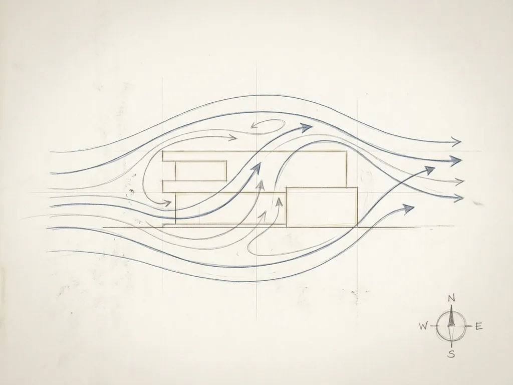 Hand-drawn architectural sketch of wind streamlines curving around a modern building, with compass rose, in slate blue and graphite pencil linework.