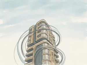 Hand-drawn illustration of wind streamlines curving around a tall modern building facade in muted blue, sand, and slate grey tones.
