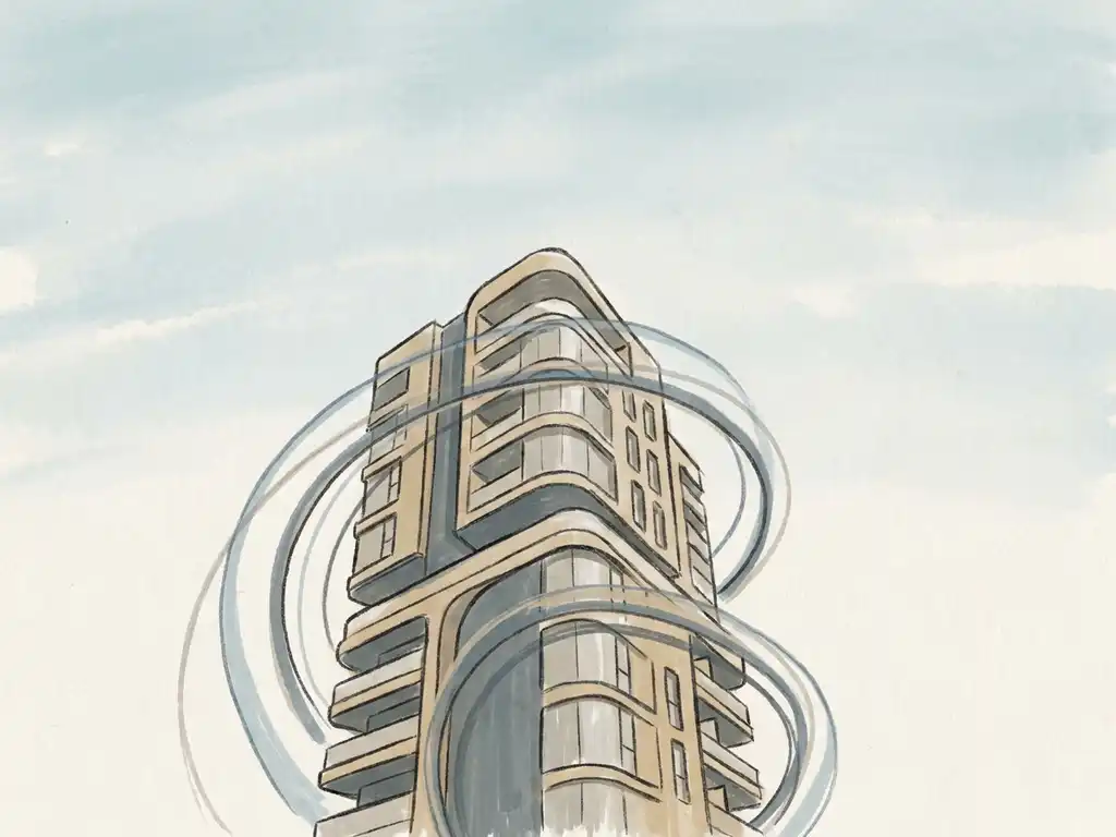 Hand-drawn illustration of wind streamlines curving around a tall modern building facade in muted blue, sand, and slate grey tones.