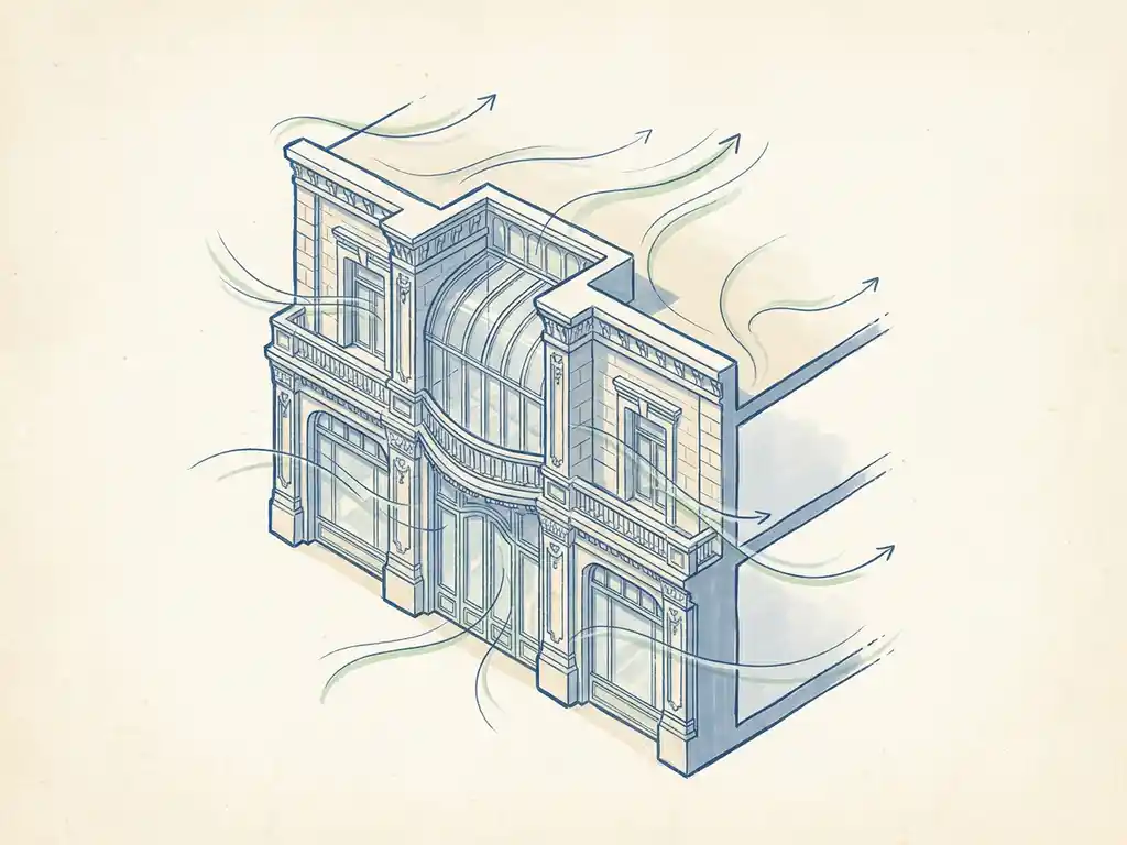 Hand-drawn architectural sketch showing wind streamlines flowing around a building facade cross-section in blueprint blue and ivory tones.
