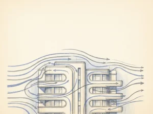 Hand-drafted architectural elevation of a mid-rise building with cobalt blue wind streamlines and airflow arrows curving around the facade on cream paper.