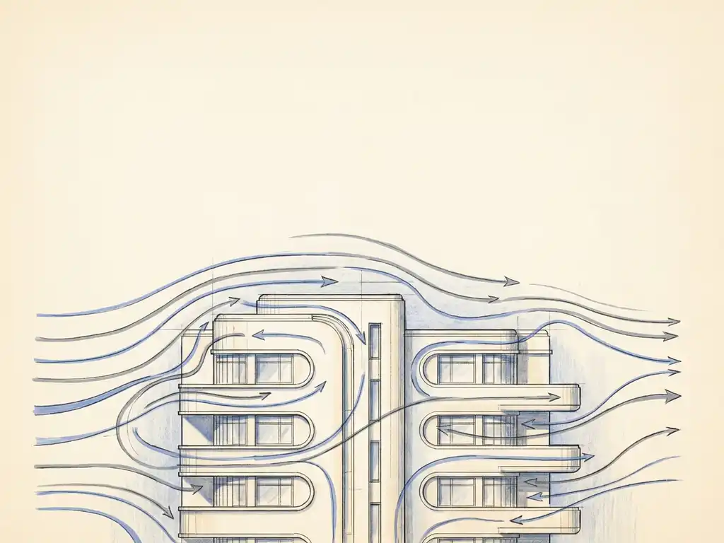 Hand-drafted architectural elevation of a mid-rise building with cobalt blue wind streamlines and airflow arrows curving around the facade on cream paper.