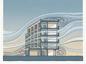Architectural cross-section of a mid-rise building with wind streamlines curving around its facade, highlighting pressure zones at sharp corners.