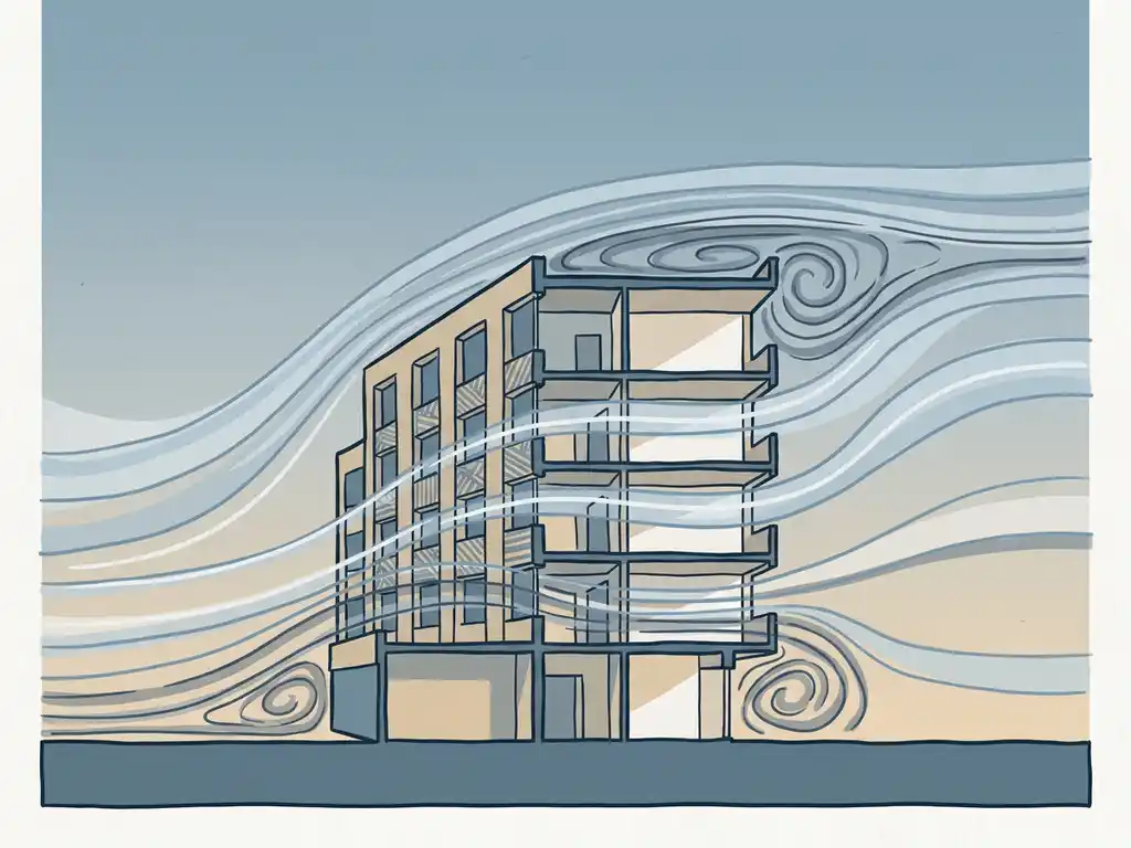 Architectural cross-section of a mid-rise building with wind streamlines curving around its facade, highlighting pressure zones at sharp corners.