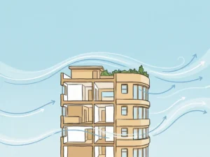 Wind streamlines flowing around a mid-rise building cross-section in a flat digital illustration with blue, sand, and white tones.
