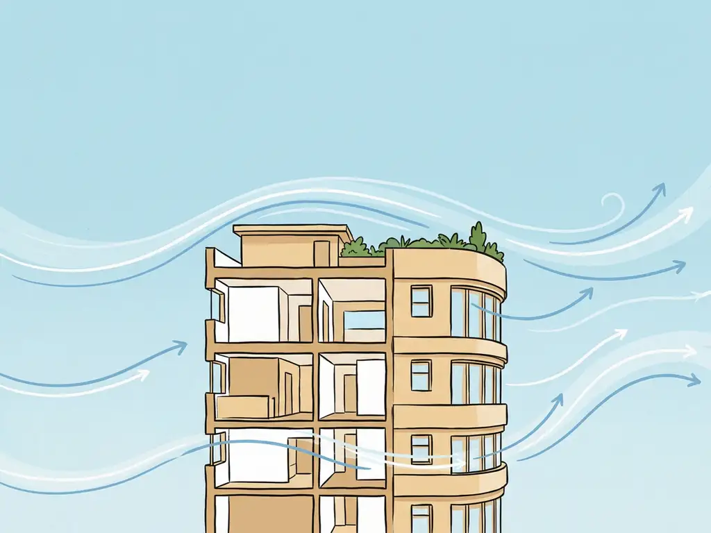 Wind streamlines flowing around a mid-rise building cross-section in a flat digital illustration with blue, sand, and white tones.