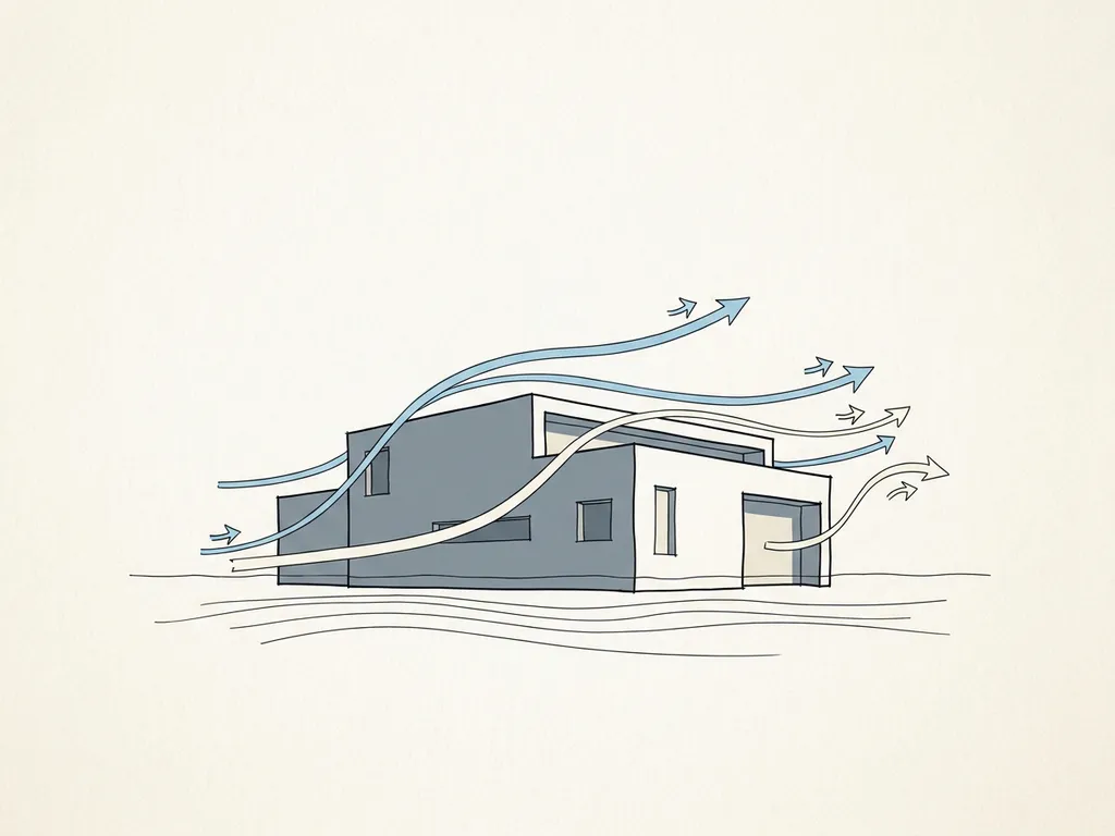 Wind flow lines curving around a simplified building form in a hand-drawn technical illustration with sky blue and slate grey tones.