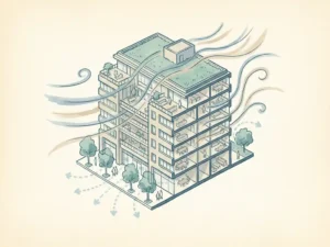 Hand-drawn architectural cross-section of a mid-rise building with wind streamlines and pedestrian-level airflow arrows in teal and slate blue tones.