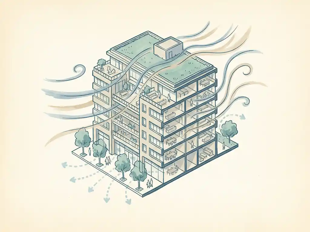 Hand-drawn architectural cross-section of a mid-rise building with wind streamlines and pedestrian-level airflow arrows in teal and slate blue tones.