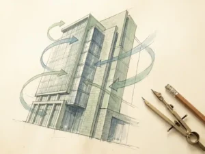 Hand-drawn architectural elevation sketch of a tall building with wind streamline arrows curving around its facade, drafting compass and pencil at the base.