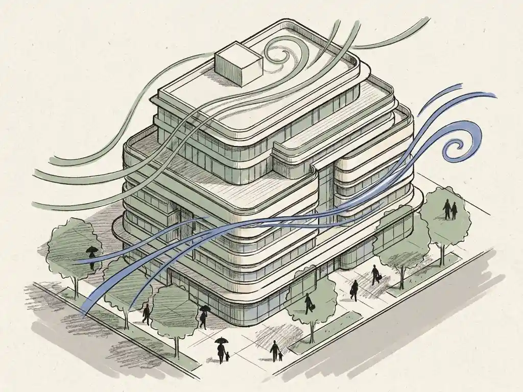 Architectural sketch of a mid-rise building with wind streamlines curving around its facade, pedestrian silhouettes at street level, isometric view.