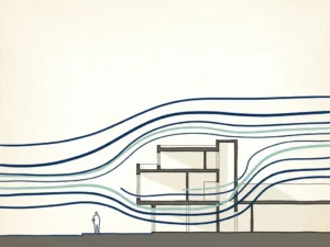 Hand-drawn technical illustration of wind streamlines curving around a modern building cross-section with a pedestrian figure at street level.