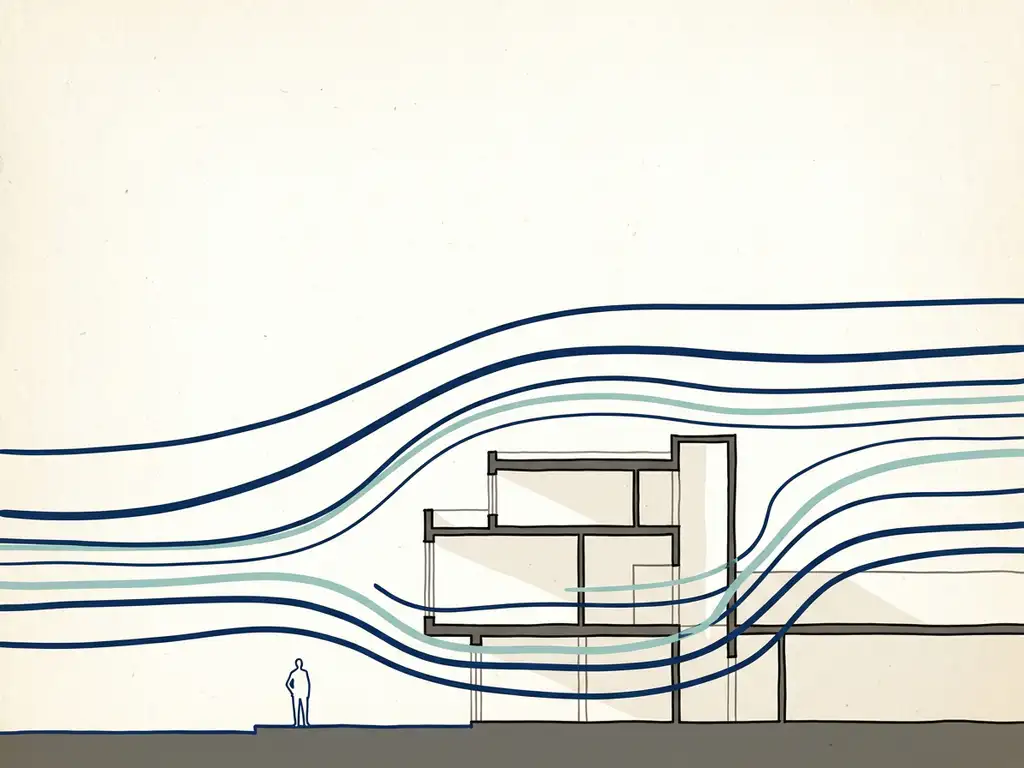 Hand-drawn technical illustration of wind streamlines curving around a modern building cross-section with a pedestrian figure at street level.