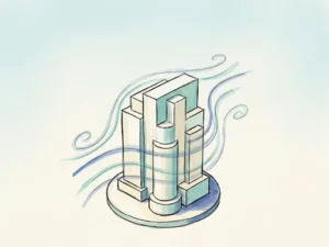 Hand-drawn architectural scale model of a high-rise with teal and ivory airflow streamlines curving around its facade to reduce wind pressure.