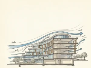 Hand-drawn architectural cross-section of a modern building with wind streamlines and flow arrows curving over its rooftop and facade.