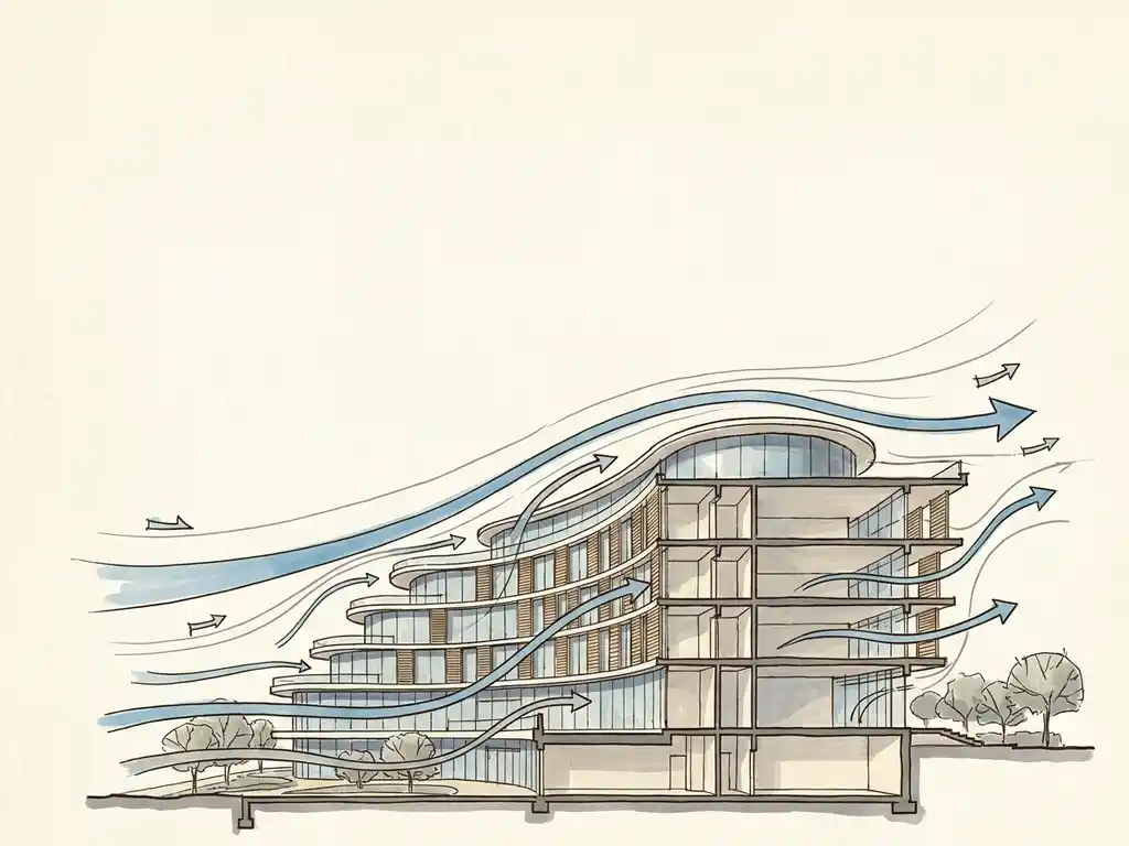 Hand-drawn architectural cross-section of a modern building with wind streamlines and flow arrows curving over its rooftop and facade.