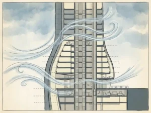 Architectural cross-section illustration of a modern high-rise with curved wind streamlines flowing around its facade in blue, ivory, and grey tones.