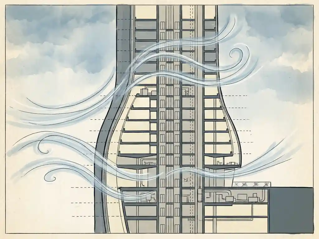 Architectural cross-section illustration of a modern high-rise with curved wind streamlines flowing around its facade in blue, ivory, and grey tones.