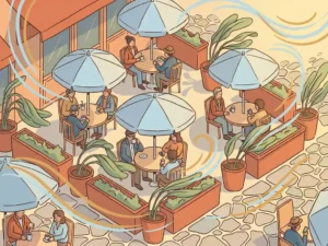 Aerial isometric illustration of an outdoor café terrace with people at round tables, wind streamlines, and potted plants swaying in a gentle breeze.