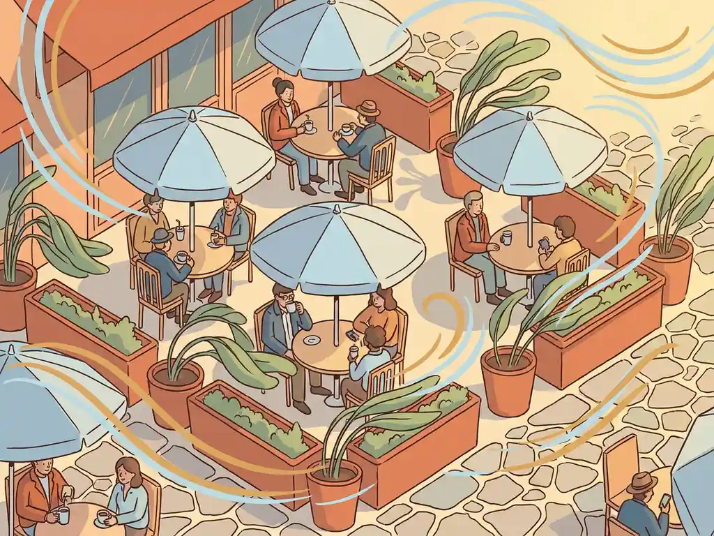 Aerial isometric illustration of an outdoor café terrace with people at round tables, wind streamlines, and potted plants swaying in a gentle breeze.