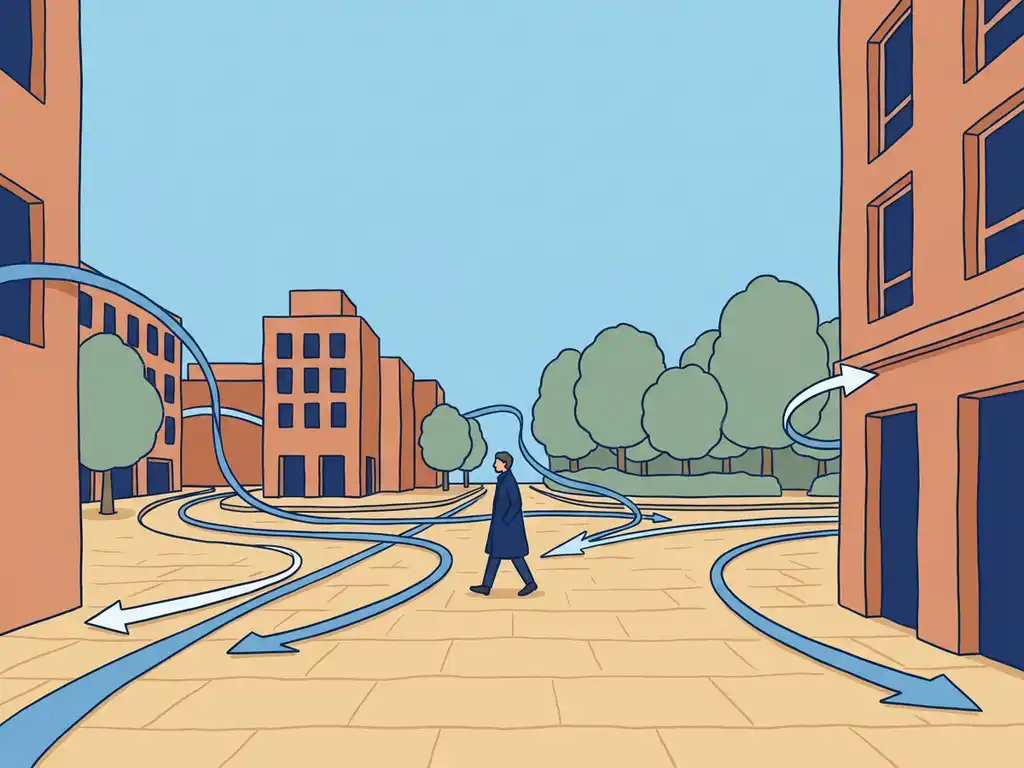 Pedestrian walking through urban plaza with stylized wind streamlines curving around building facades at human height.