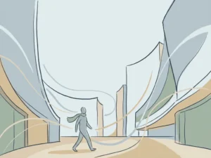 Pedestrian walking through urban plaza as wind streamlines curve gracefully around tall building facades in a calm architectural illustration.
