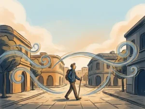 Pedestrian walking through an urban plaza with wind streamlines curving around building corners on a warm afternoon.