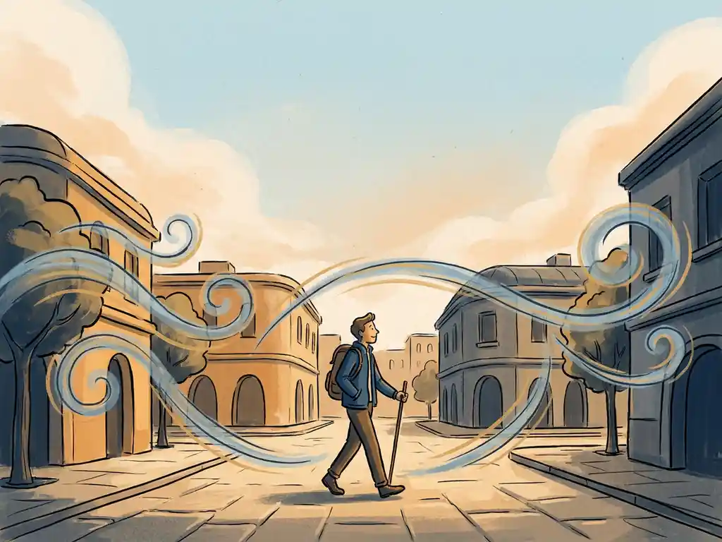 Pedestrian walking through an urban plaza with wind streamlines curving around building corners on a warm afternoon.