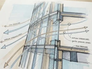 Hand-drawn technical illustration of curved airflow streamlines wrapping around a tall glass skyscraper facade, showing wind pressure zones.