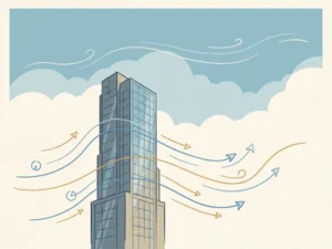 Hand-drawn illustration of a slender glass skyscraper with wind streamlines and pressure zone arrows curving around its facade against a soft blue sky.