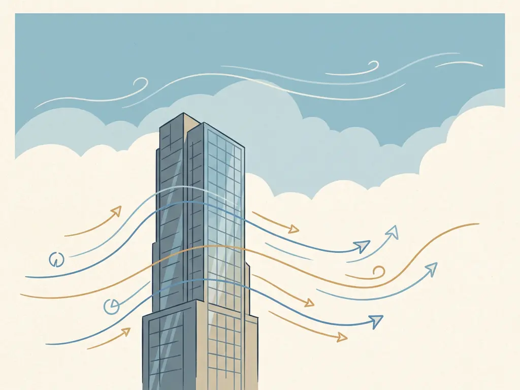 Hand-drawn illustration of a slender glass skyscraper with wind streamlines and pressure zone arrows curving around its facade against a soft blue sky.