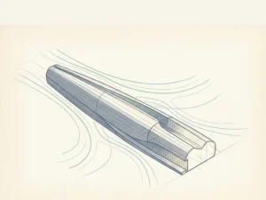 Hand-drawn architectural sketch of a slender skyscraper with wind streamlines curving around its tapered facade, showing aerodynamic pressure zones.