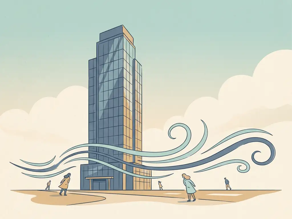 Glass skyscraper channeling wind streams around its base, with stylized pedestrians leaning into the breeze at street level.