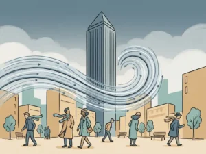 Wind streamlines swirling around a tall skyscraper base, pedestrians' scarves and coats bending in accelerated urban wind tunnels at street level.