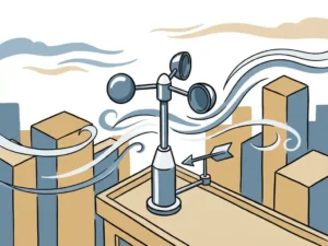 Rooftop anemometer with wind streamlines curving past city building silhouettes and a weather vane under a calm sky.
