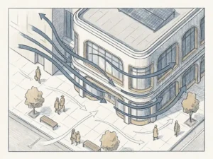 Architectural sketch of urban building facade with wind streamlines curving around corners, pedestrians walking plaza below, slate blue and warm sand palette.