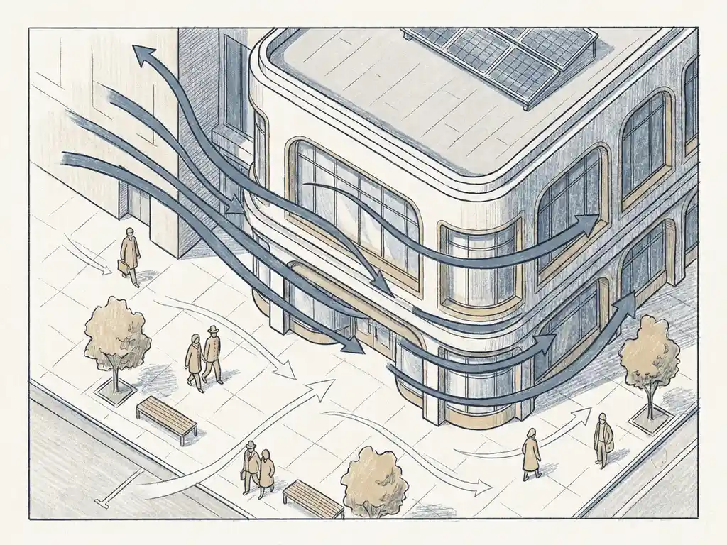 Architectural sketch of urban building facade with wind streamlines curving around corners, pedestrians walking plaza below, slate blue and warm sand palette.