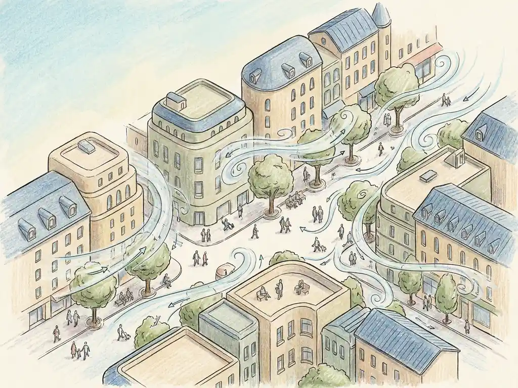 Isometric illustration of urban plaza with wind streamlines flowing between city buildings, pedestrians on tree-lined paths, sage green and sky blue palette.