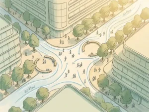Illustrated urban plaza with curved airflow lines guiding wind between modern buildings, pedestrians walking near shaded seating areas in warm daylight.