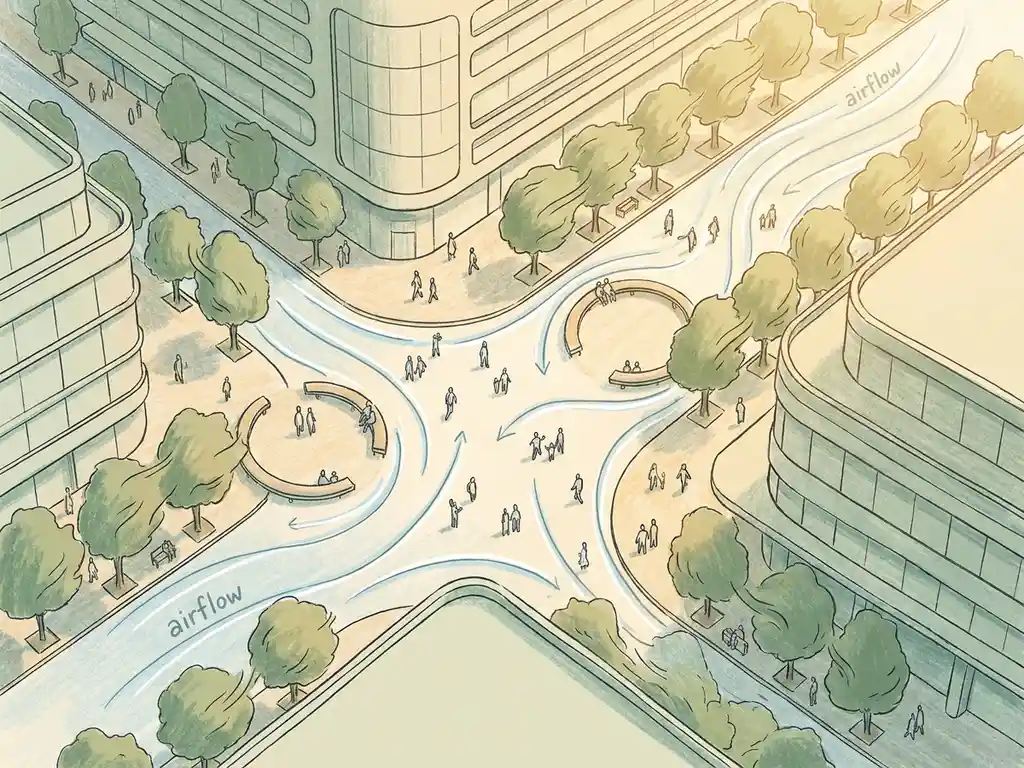 Illustrated urban plaza with curved airflow lines guiding wind between modern buildings, pedestrians walking near shaded seating areas in warm daylight.