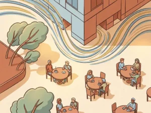Illustrated urban plaza with people at outdoor café tables, wind streamlines curving around a modern building in warm terracotta and sky blue tones.